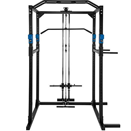 tectake Kraftstation – Power Rack mit Latzug & Klimmzugstange, Schwarz/Blau