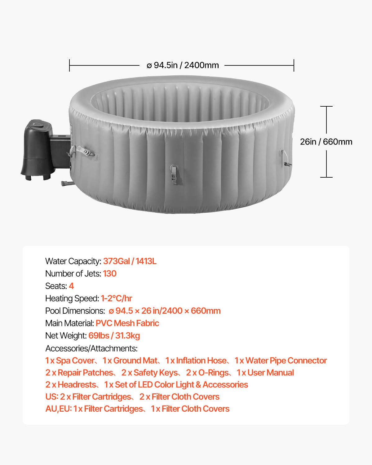 VEVOR aufblasbare Badewanne für 6-8 Personen