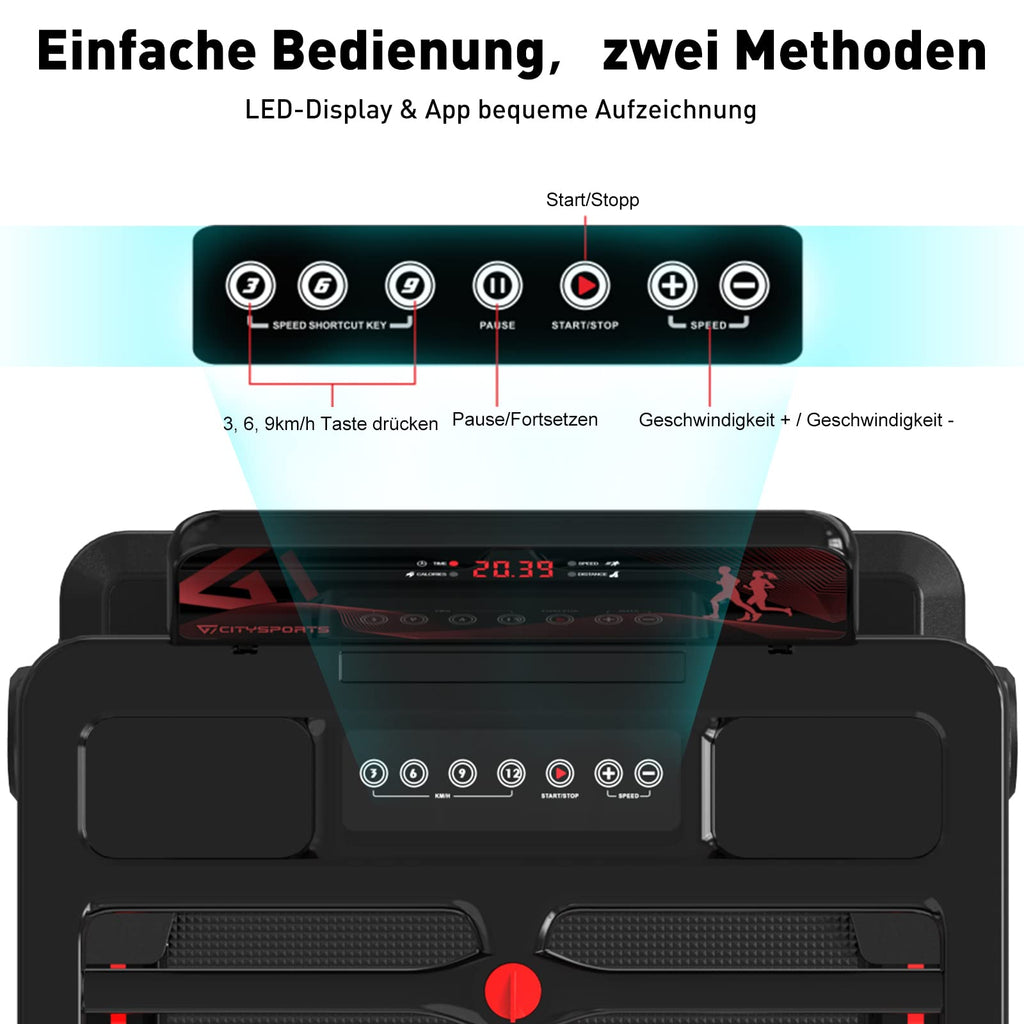 CITYSPORTS Laufband klappbar – 12 km/h, LED, App, Tablet-Halter, Schwarz