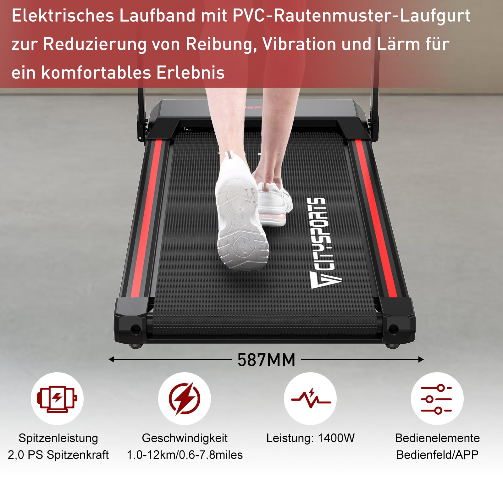 CITYSPORTS Laufband klappbar – 12 km/h, LED, App, Tablet-Halter, Schwarz