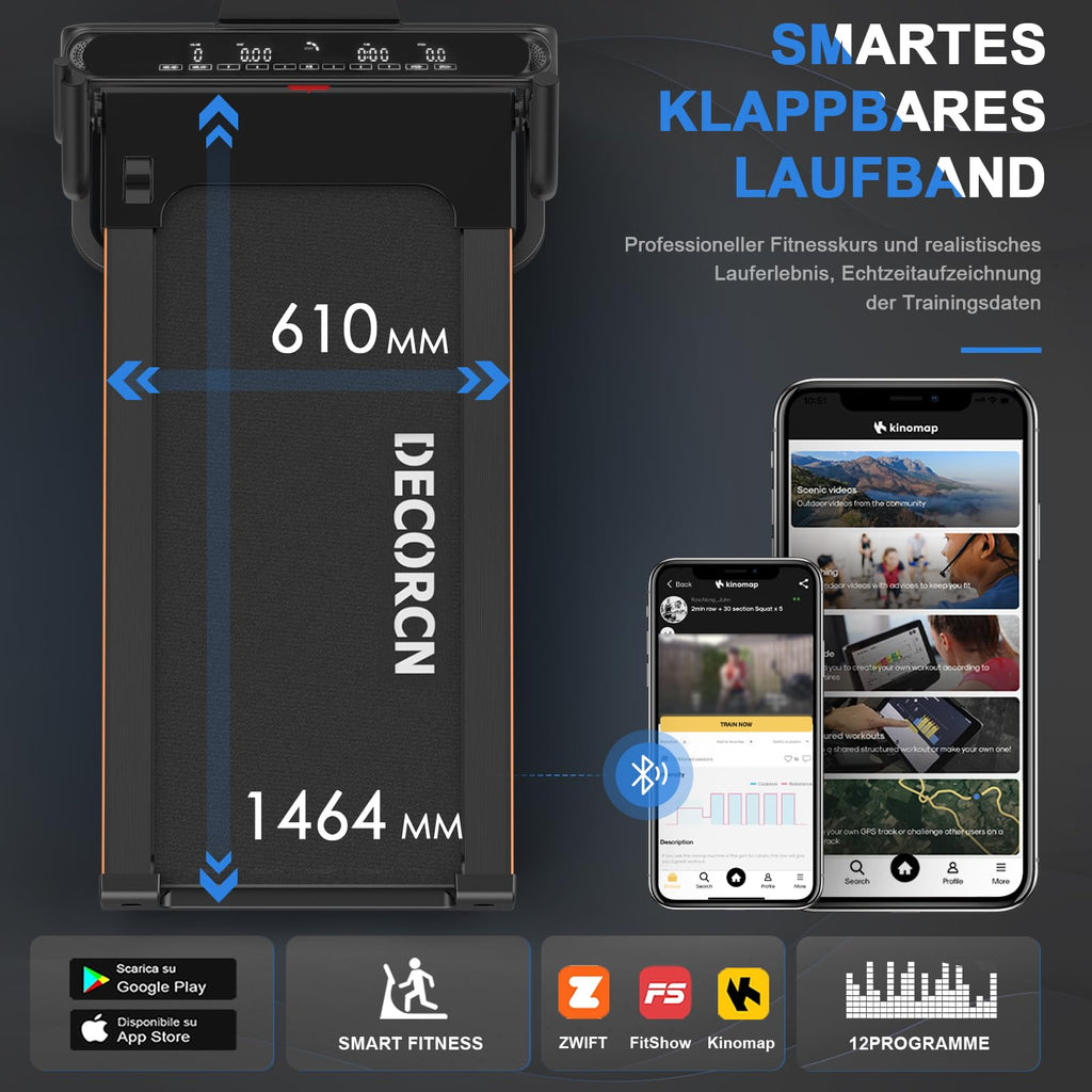 Decorcn Laufband klappbar – 4,5 PS, 16 km/h, 20 Stufen, 150 kg
