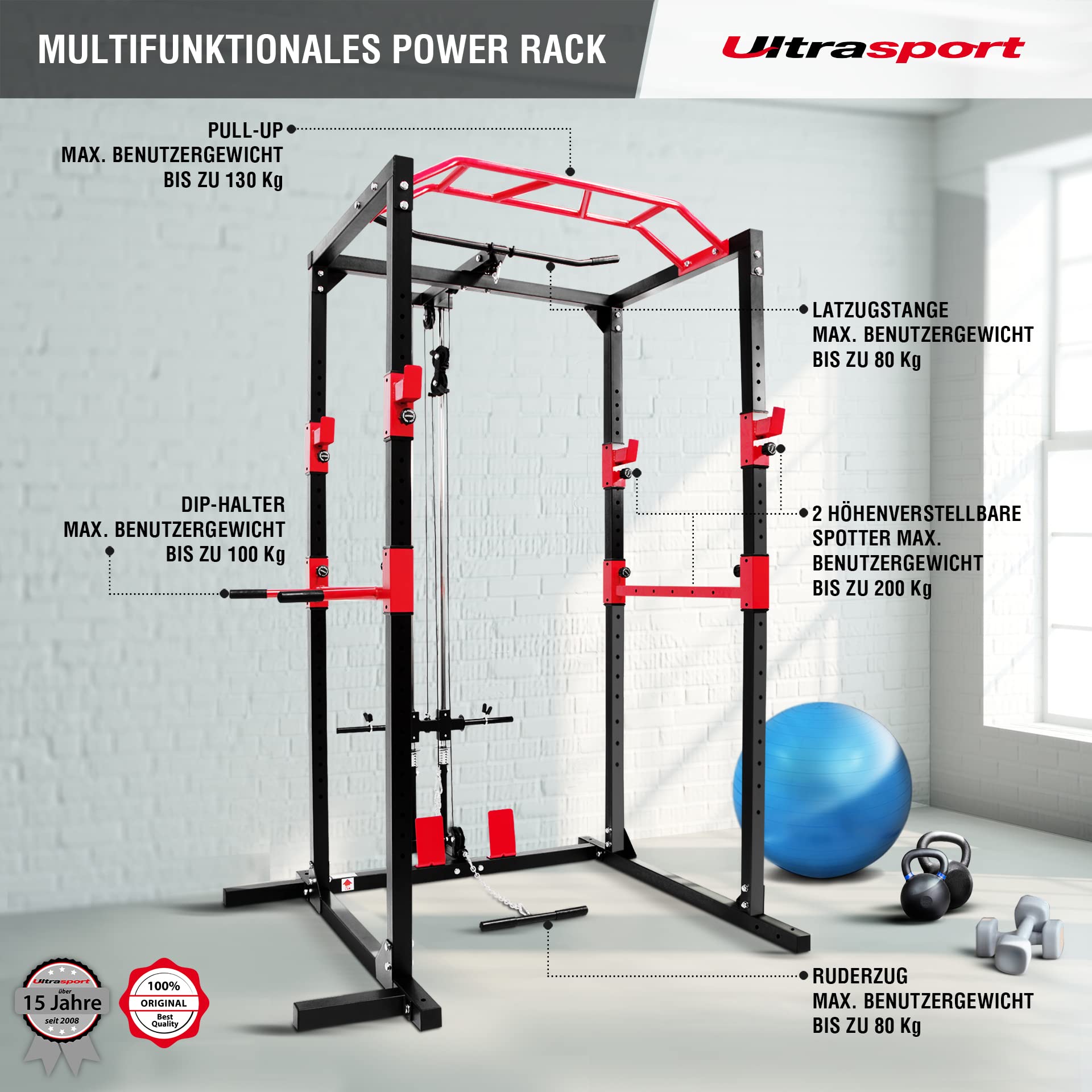 Ultrasport Power Rack – Multifunktionales Fitnessgerät, Schwarz/Rot