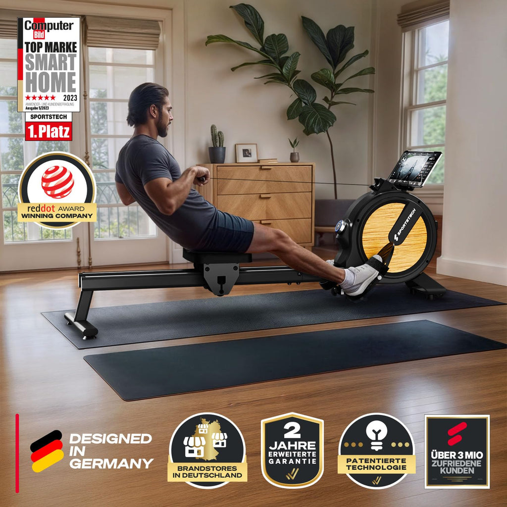 Sportstech PROwer Rudergerät Oak – Heimtrainer mit 32 Stufen, Bluetooth & LED-Display