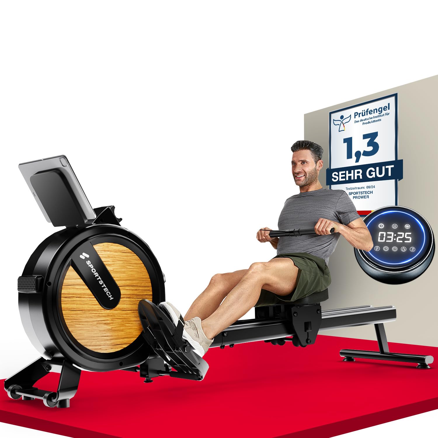 Sportstech PROwer Rudergerät Oak – Heimtrainer mit 32 Stufen, Bluetooth & LED-Display