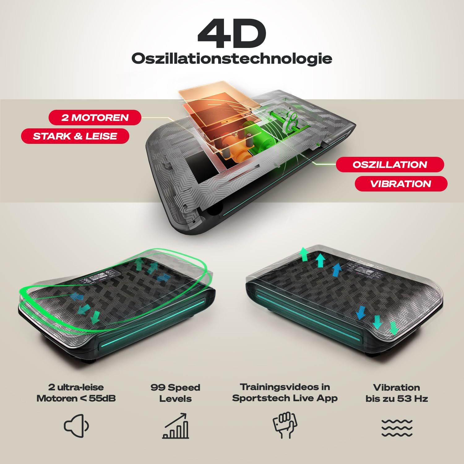 Sportstech 4D Vibrationsplatte VP400 sVibe – Deutsche Qualitätsmarke, Smart LED, Trainingsbänder & Ropes für Zuhause