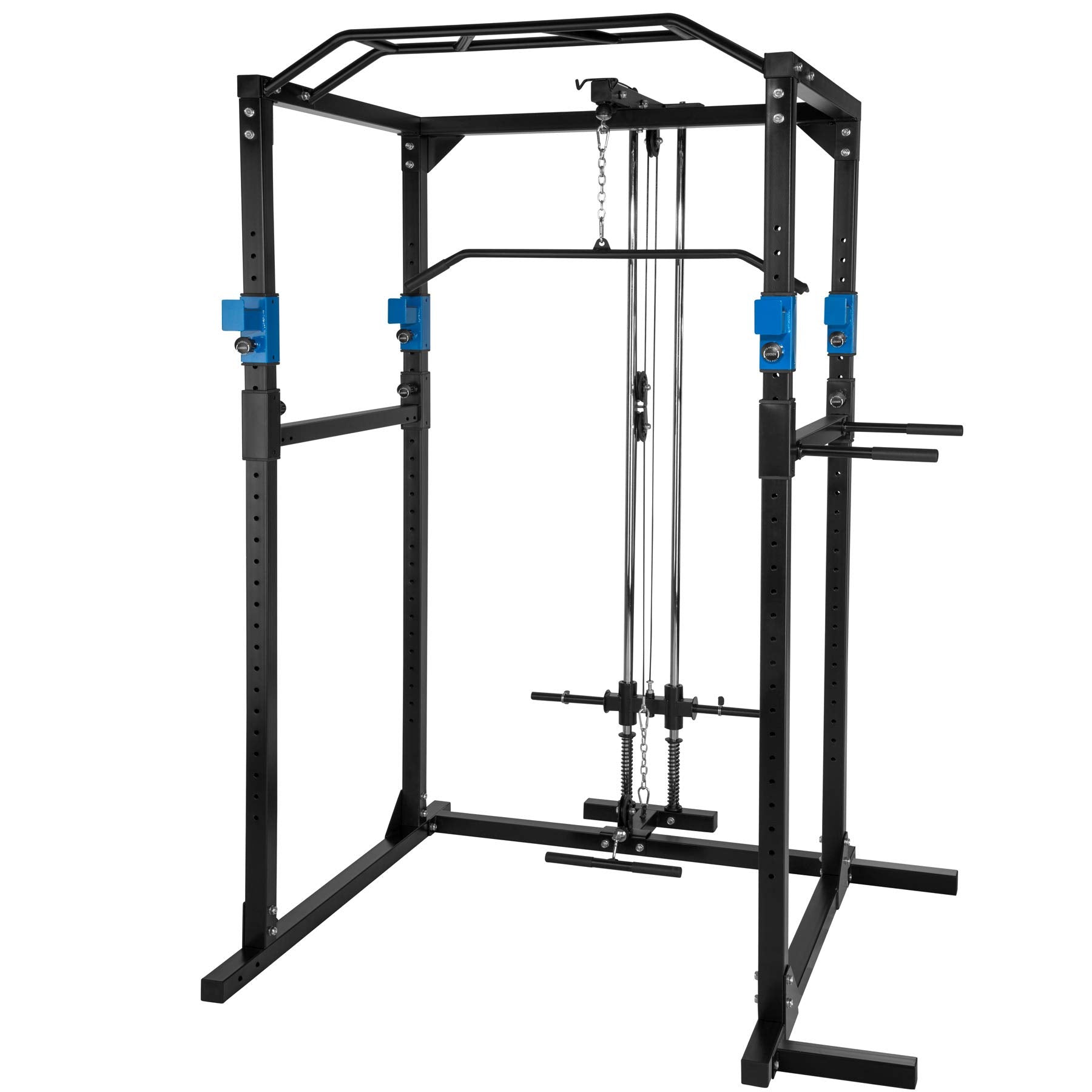 tectake Kraftstation – Power Rack mit Latzug & Klimmzugstange, Schwarz/Blau