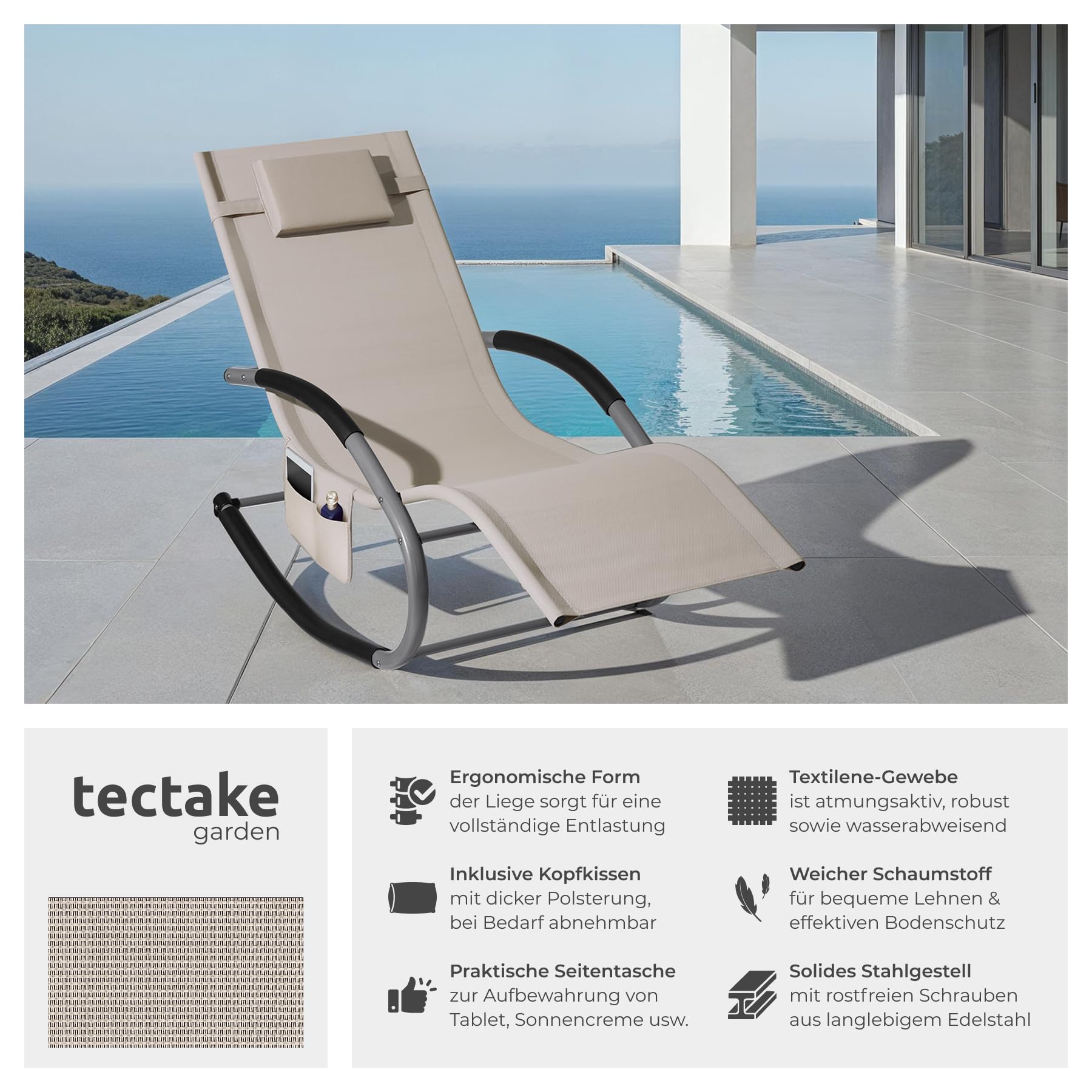 tectake® Gartenliege mit Seitentasche