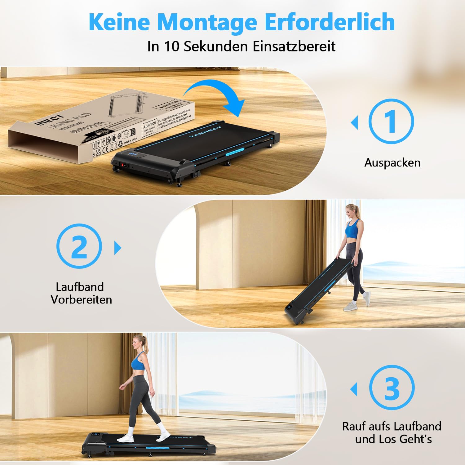 VANNECT Walking Pad – Tragbares Laufband für Zuhause mit Steigung, 1–10 km/h, LED-Display, Fernbedienung, 2,75 HP, bis 150 kg belastbar