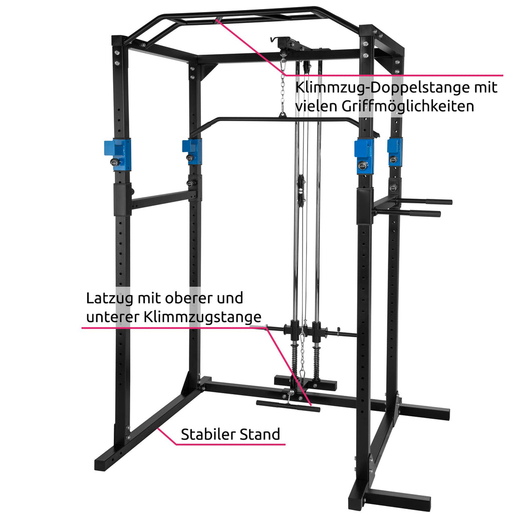 tectake Kraftstation – Power Rack mit Latzug & Klimmzugstange, Schwarz/Blau