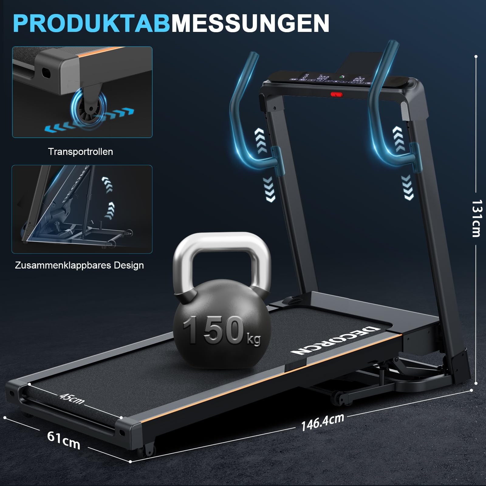 Decorcn Laufband klappbar – 4,5 PS, 16 km/h, 20 Stufen, 150 kg