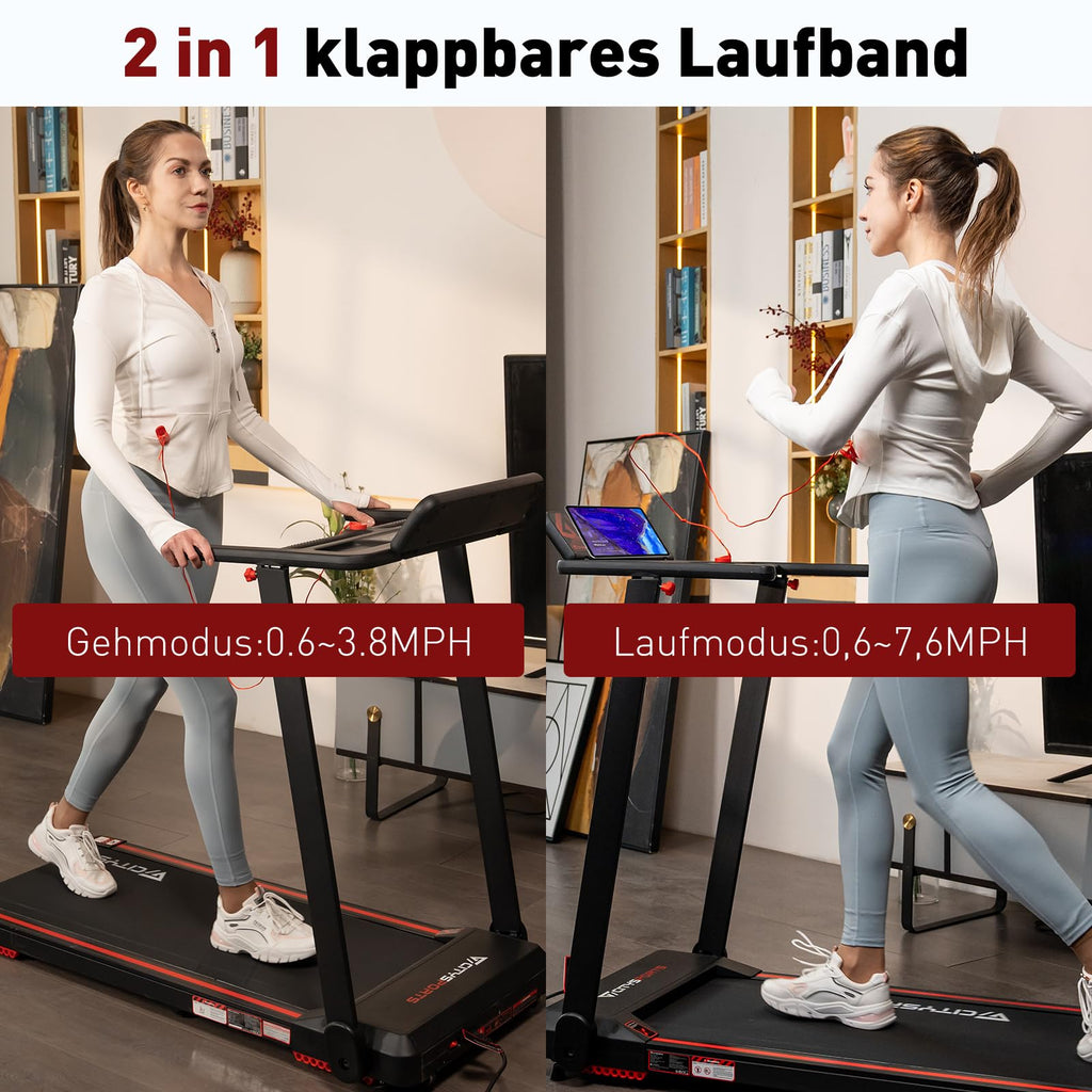 CITYSPORTS Laufband klappbar – 12 km/h, LED, App, Tablet-Halter, Schwarz