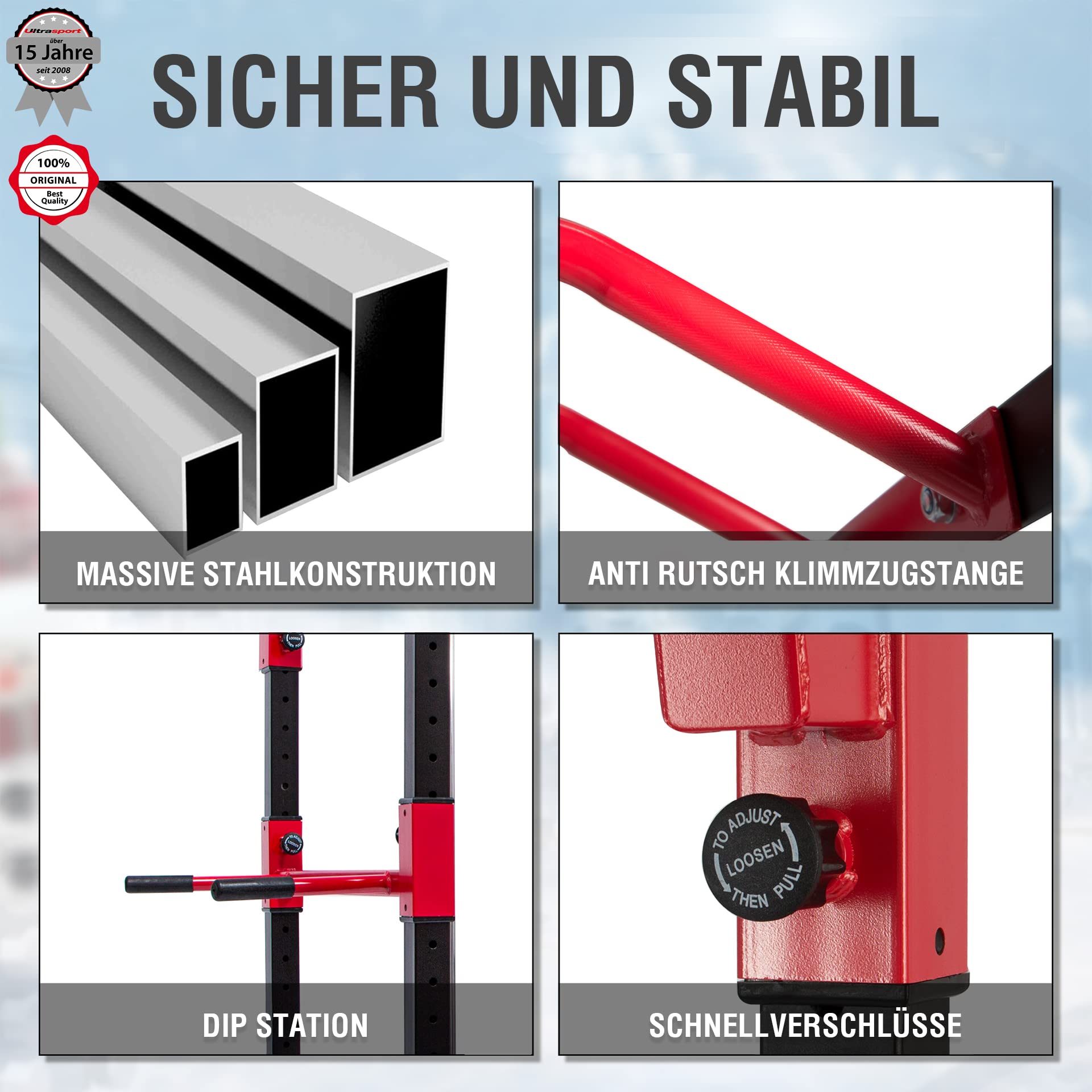 Ultrasport Power Rack – Multifunktionales Fitnessgerät, Schwarz/Rot