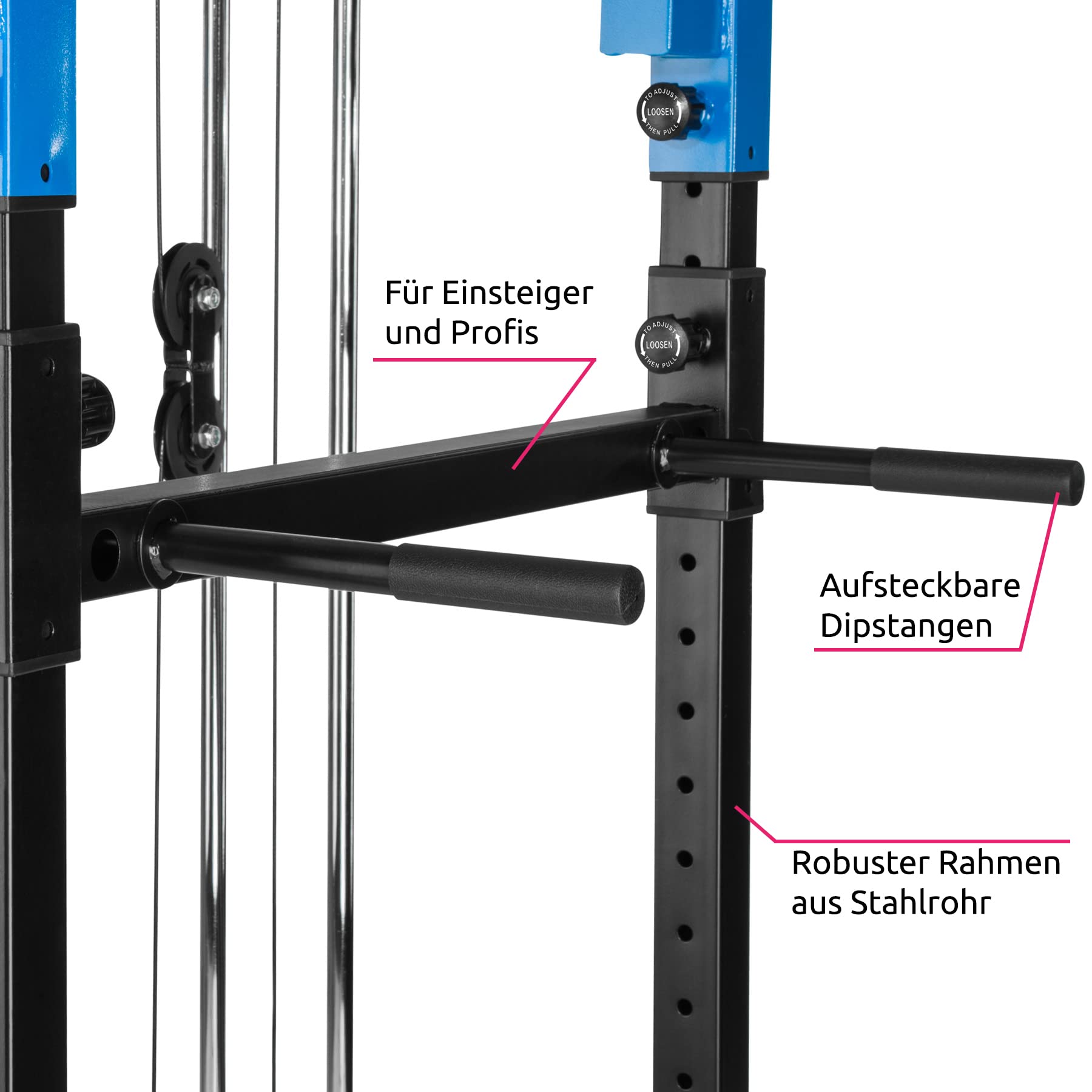 tectake Kraftstation – Power Rack mit Latzug & Klimmzugstange, Schwarz/Blau