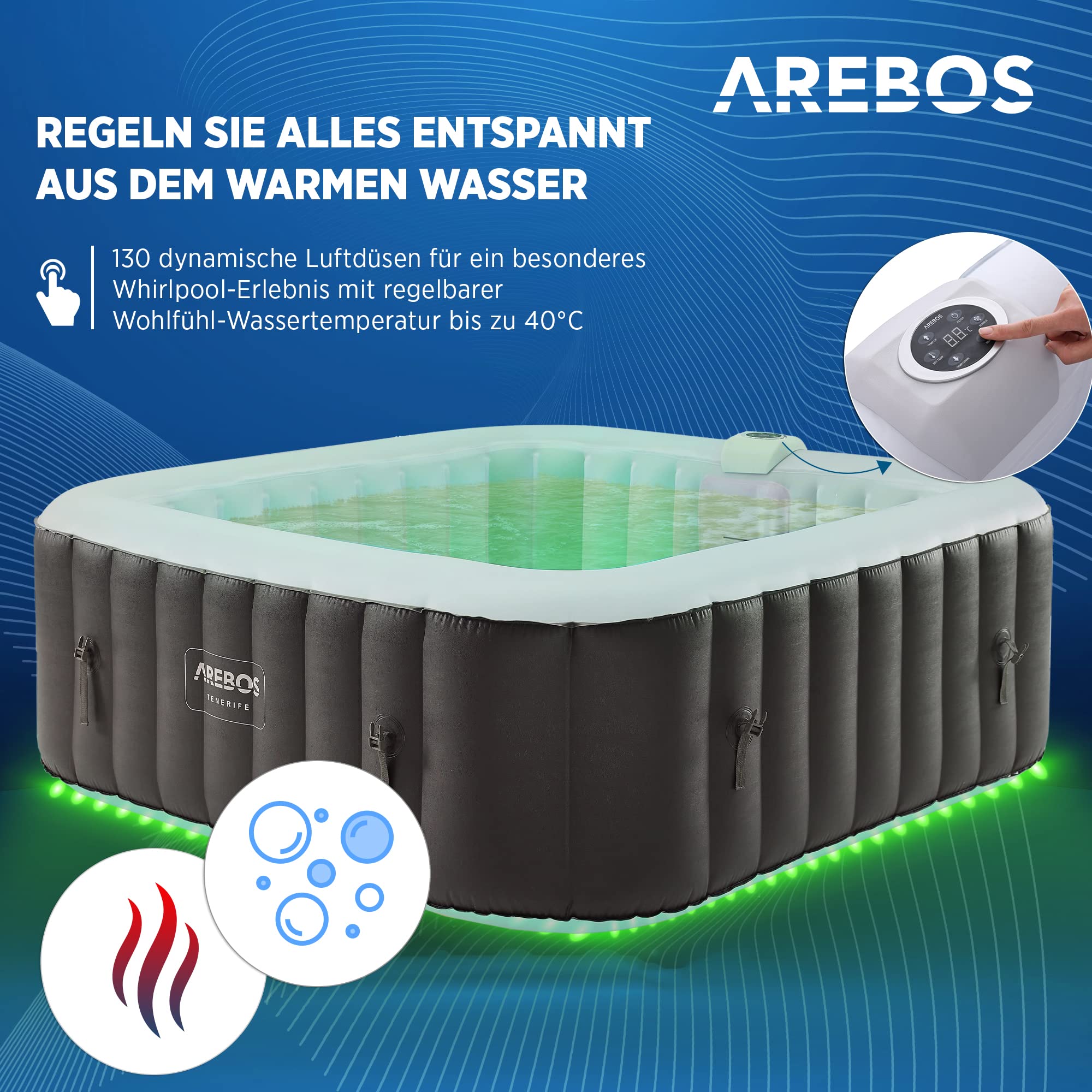 Arebos Spa Whirlpool mit 2400 W und LED-Beleuchtung