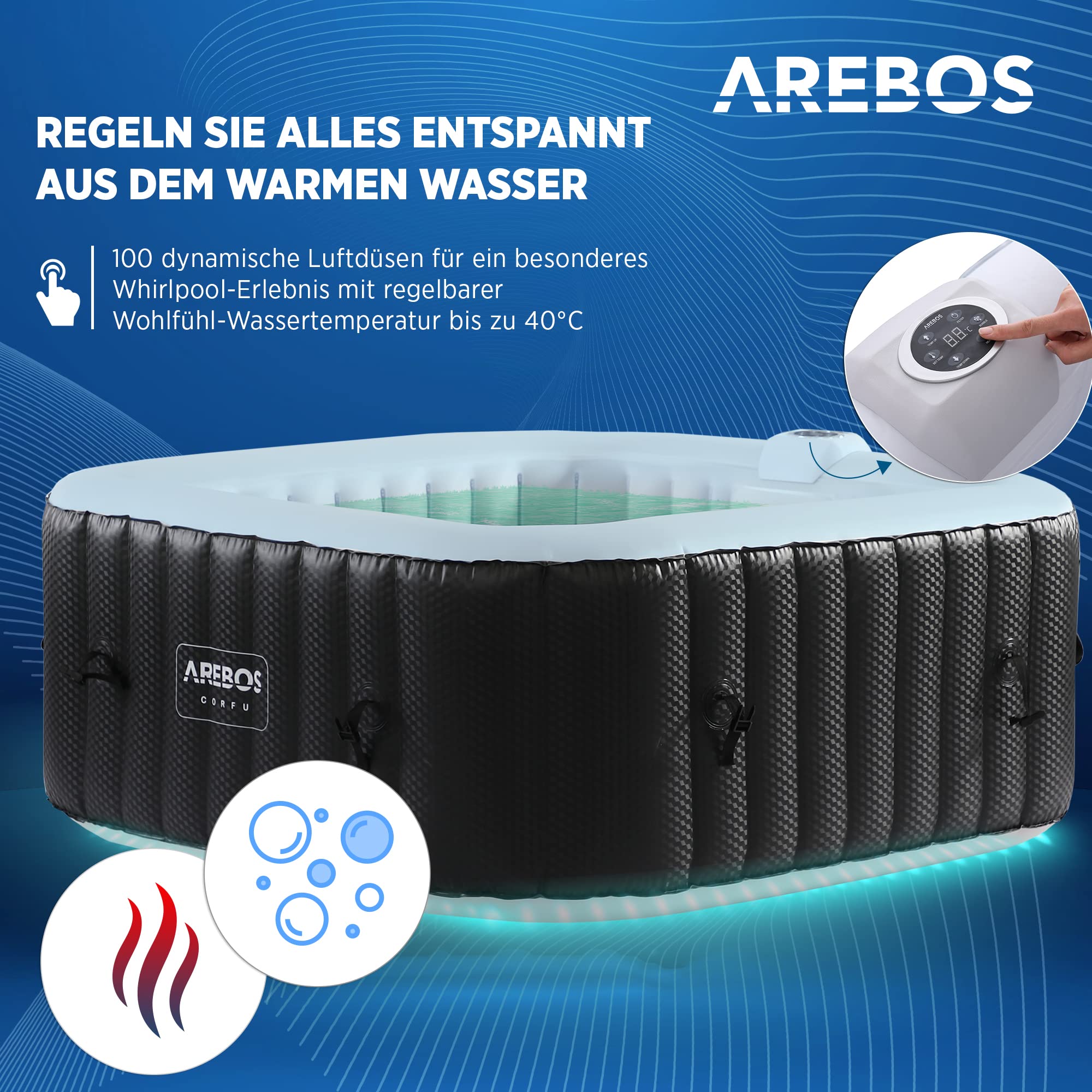 Arebos aufblasbarer Whirlpool mit LED-Beleuchtung