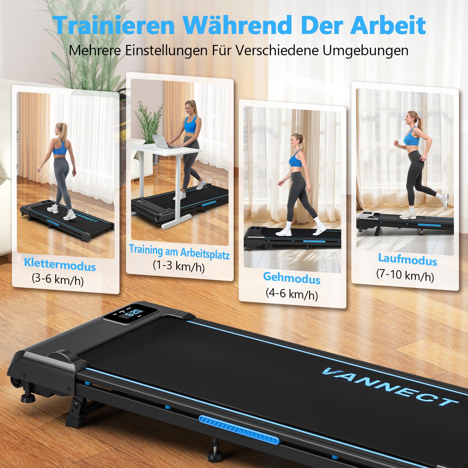 VANNECT Walking Pad – Tragbares Laufband für Zuhause mit Steigung, 1–10 km/h, LED-Display, Fernbedienung, 2,75 HP, bis 150 kg belastbar