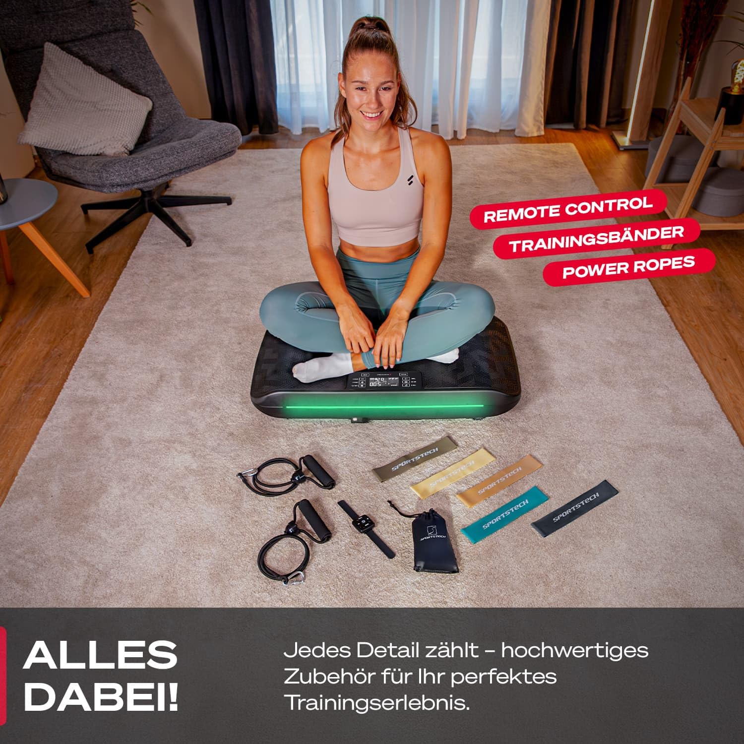 Sportstech 4D Vibrationsplatte VP400 sVibe – Deutsche Qualitätsmarke, Smart LED, Trainingsbänder & Ropes für Zuhause