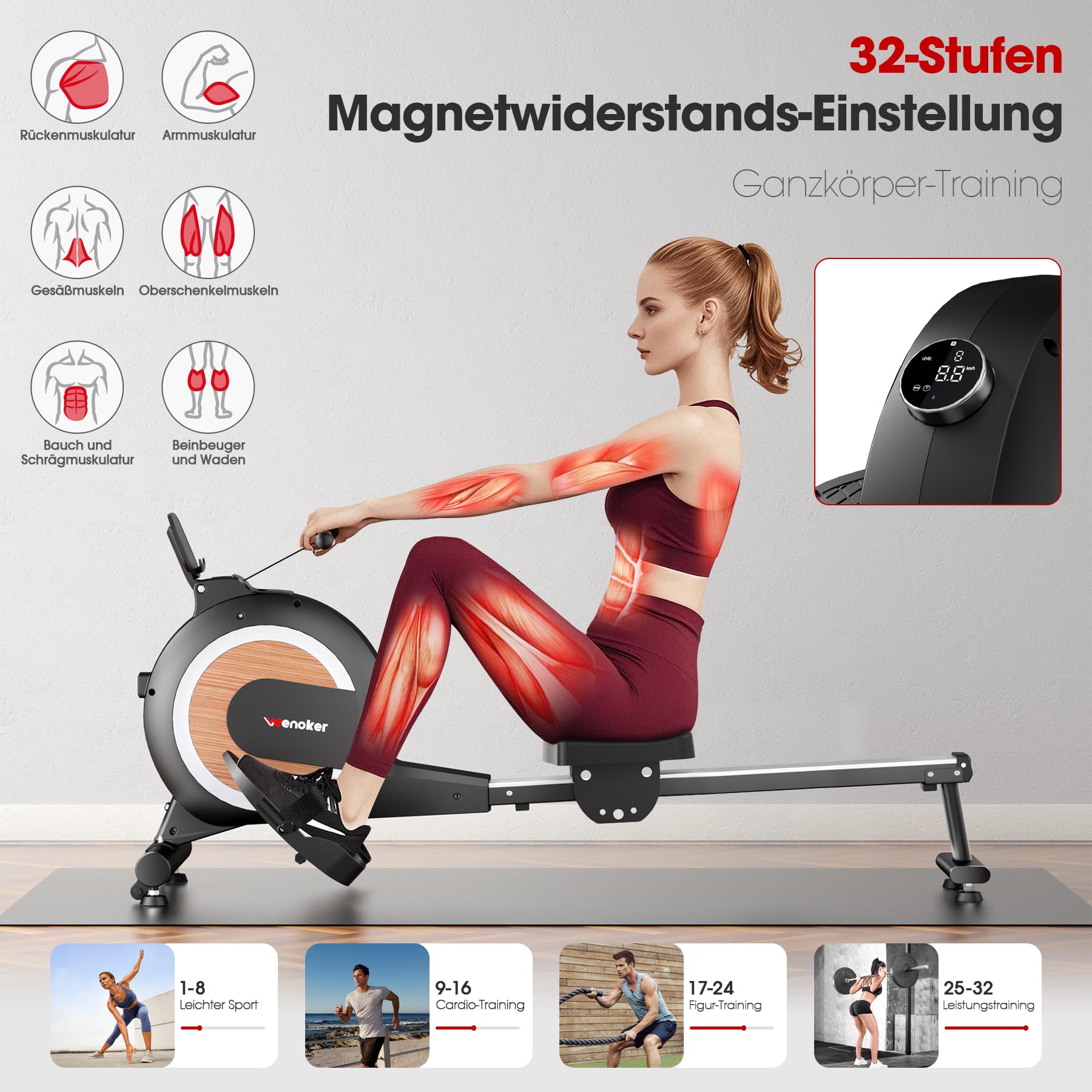 Wenoker Rudergerät – Magnetisch, 32 Stufen, App & LCD, 160 kg, klappbar