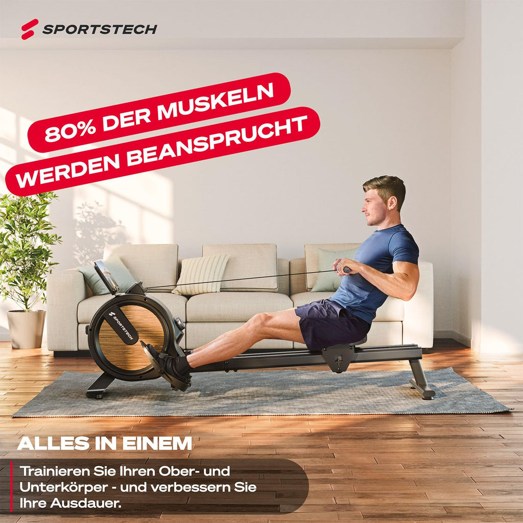 Sportstech PROwer Rudergerät Oak – Heimtrainer mit 32 Stufen, Bluetooth & LED-Display