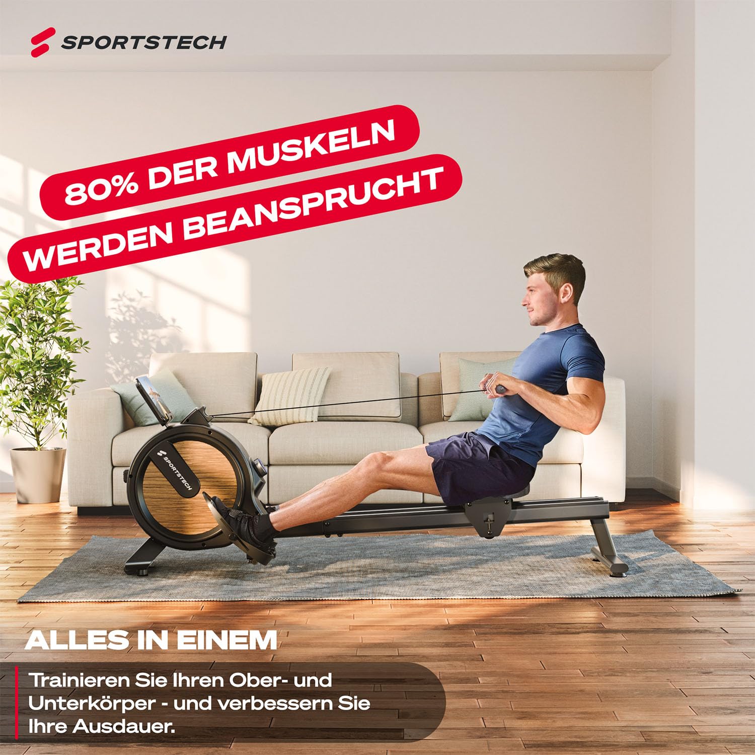 Sportstech PROwer Rudergerät Oak – Heimtrainer mit 32 Stufen, Bluetooth & LED-Display