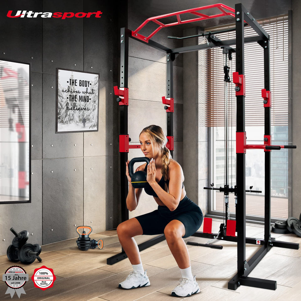 Ultrasport Power Rack – Multifunktionales Fitnessgerät, Schwarz/Rot
