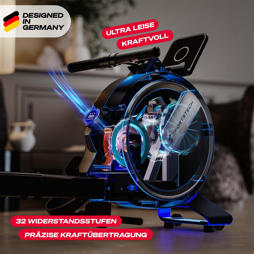 Sportstech PROwer Rudergerät Oak – Heimtrainer mit 32 Stufen, Bluetooth & LED-Display