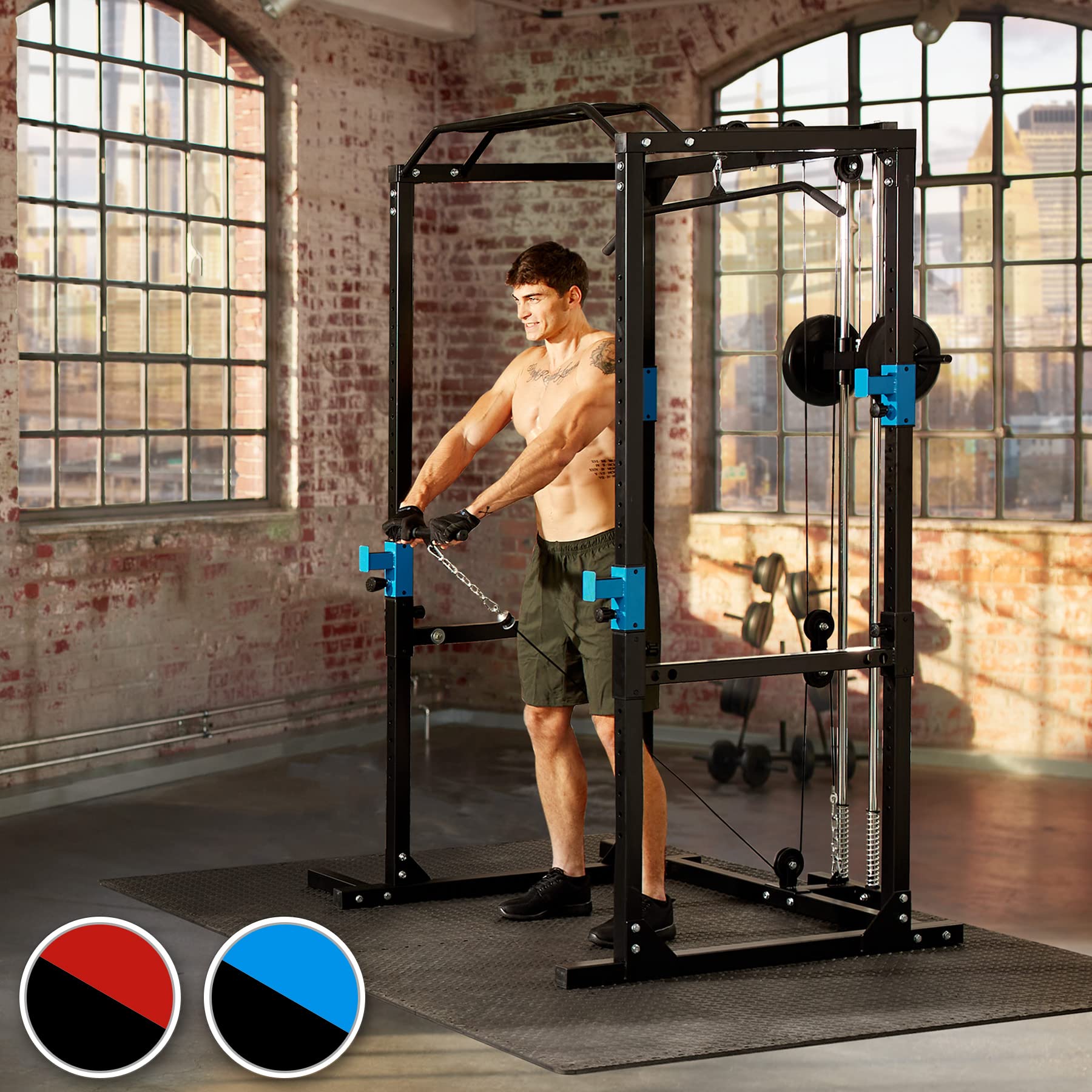 tectake Kraftstation – Power Rack mit Latzug & Klimmzugstange, Schwarz/Blau