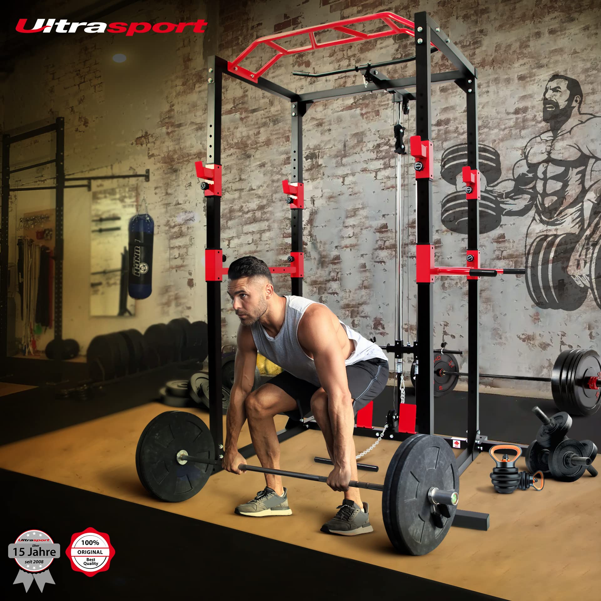 Ultrasport Power Rack – Multifunktionales Fitnessgerät, Schwarz/Rot
