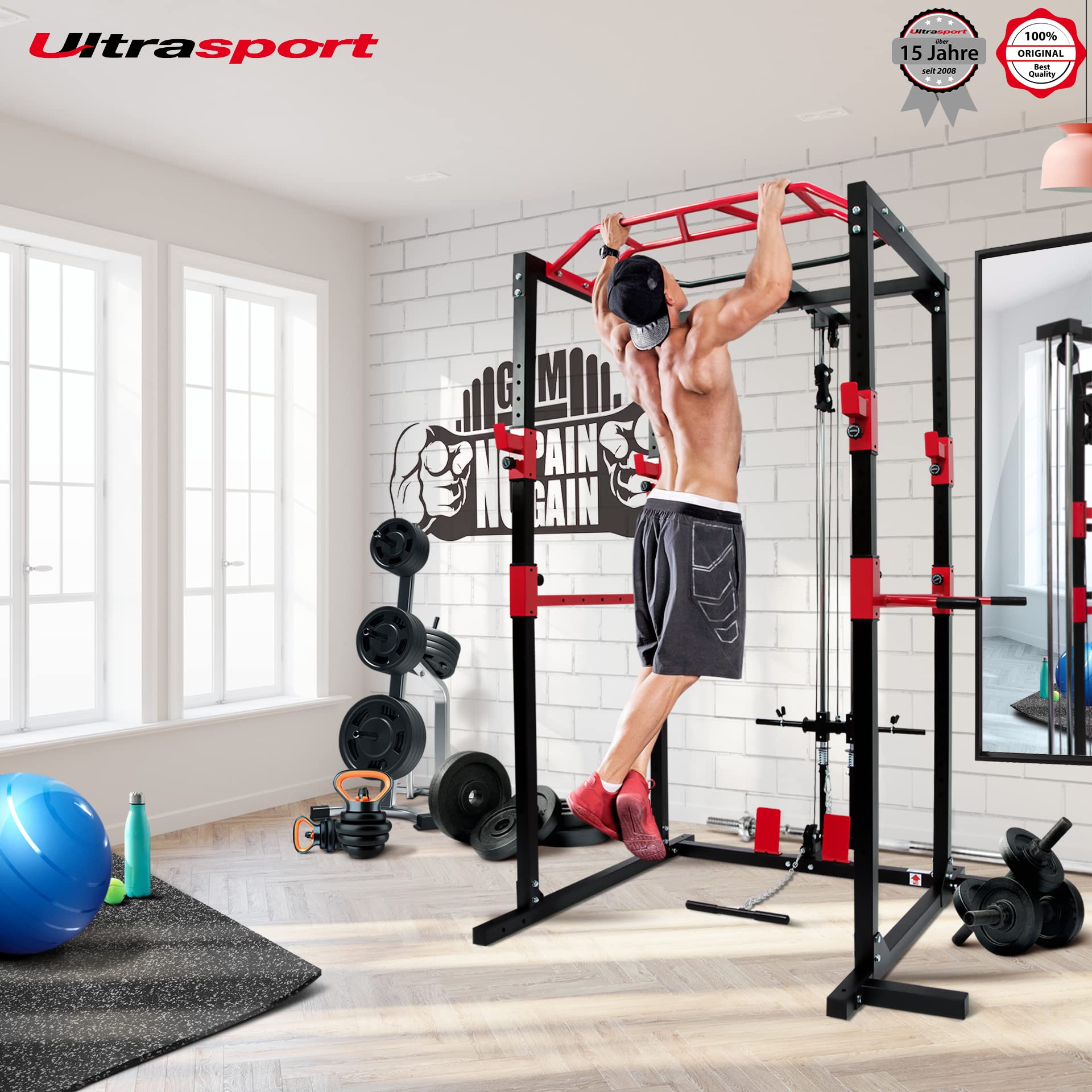 Ultrasport Power Rack – Multifunktionales Fitnessgerät, Schwarz/Rot