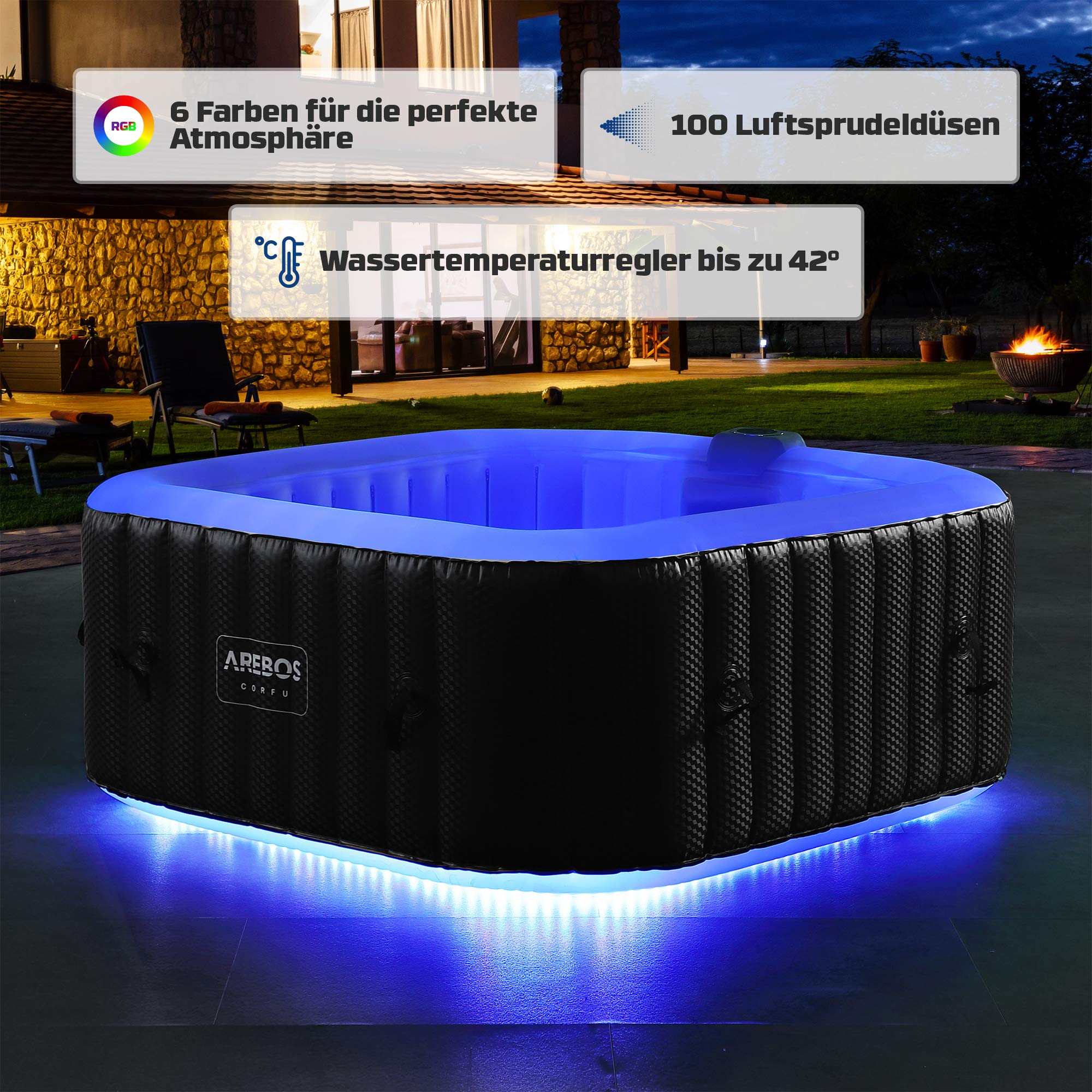 Arebos aufblasbarer Whirlpool mit LED-Beleuchtung