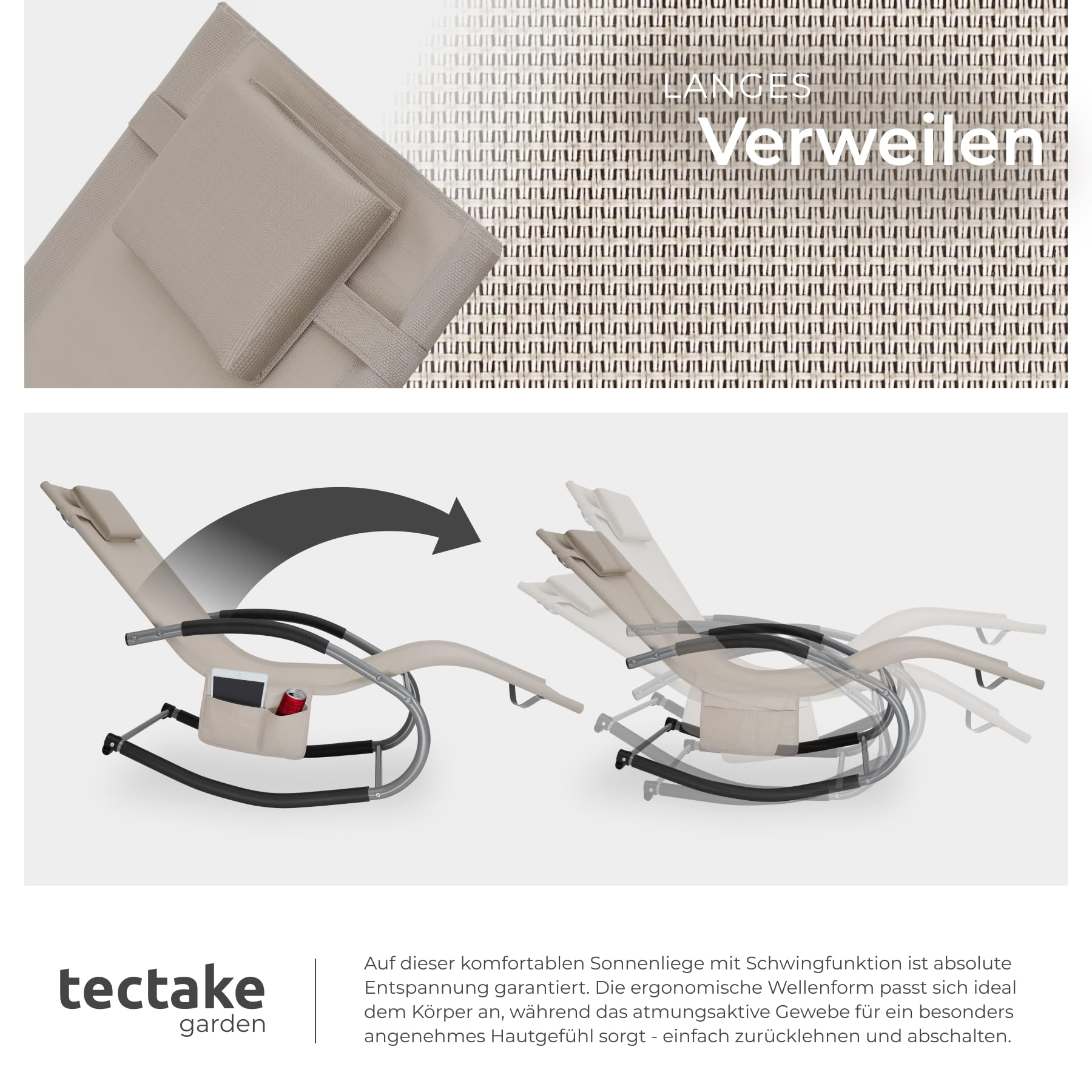 tectake® Gartenliege mit Seitentasche