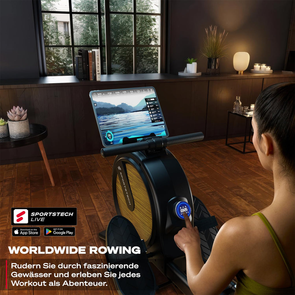 Sportstech PROwer Rudergerät Oak – Heimtrainer mit 32 Stufen, Bluetooth & LED-Display