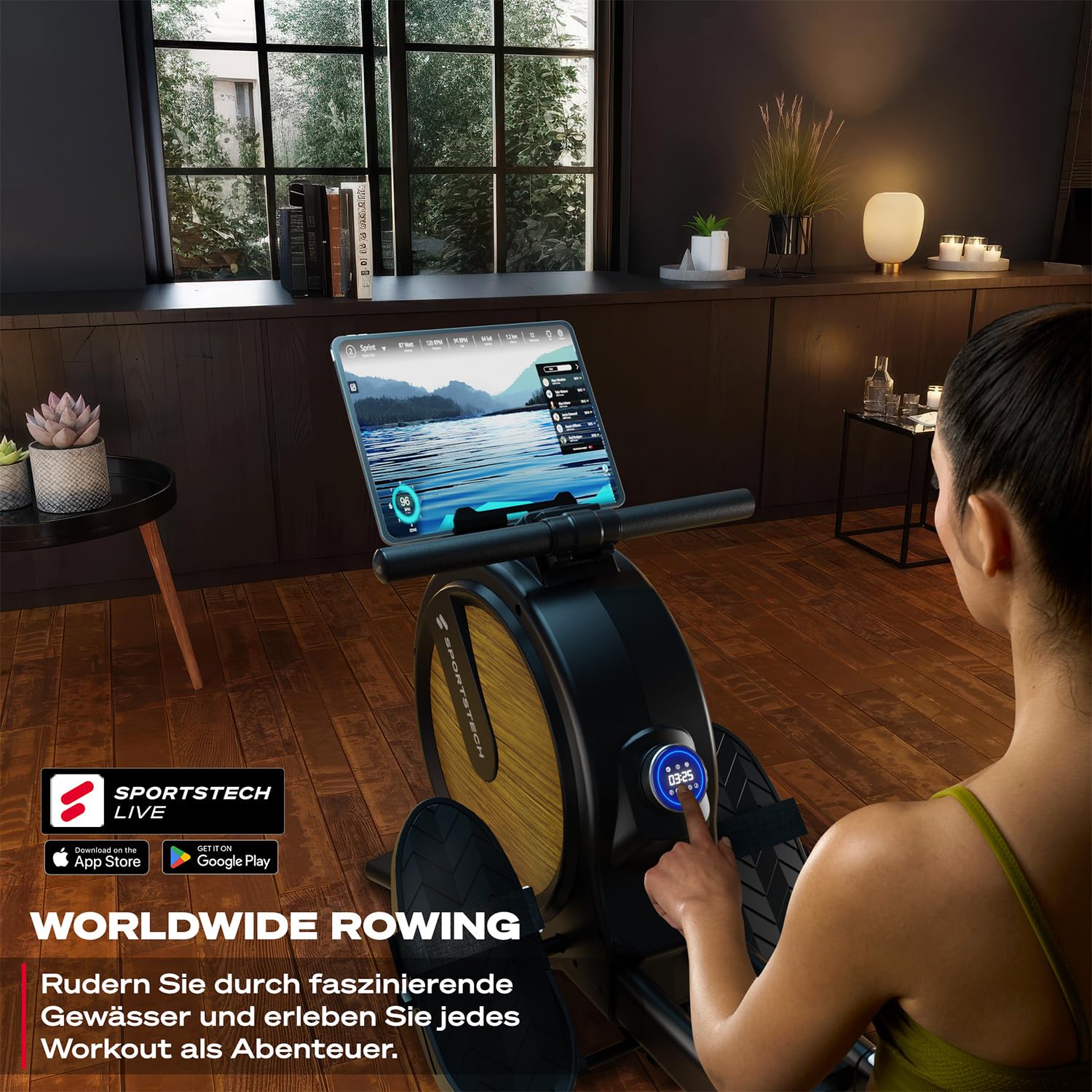 Sportstech PROwer Rudergerät Oak – Heimtrainer mit 32 Stufen, Bluetooth & LED-Display