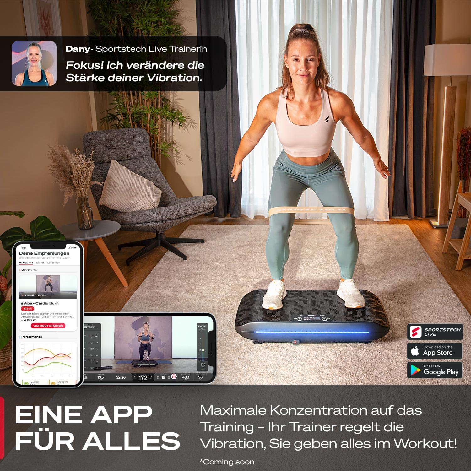 Sportstech 4D Vibrationsplatte VP400 sVibe – Deutsche Qualitätsmarke, Smart LED, Trainingsbänder & Ropes für Zuhause