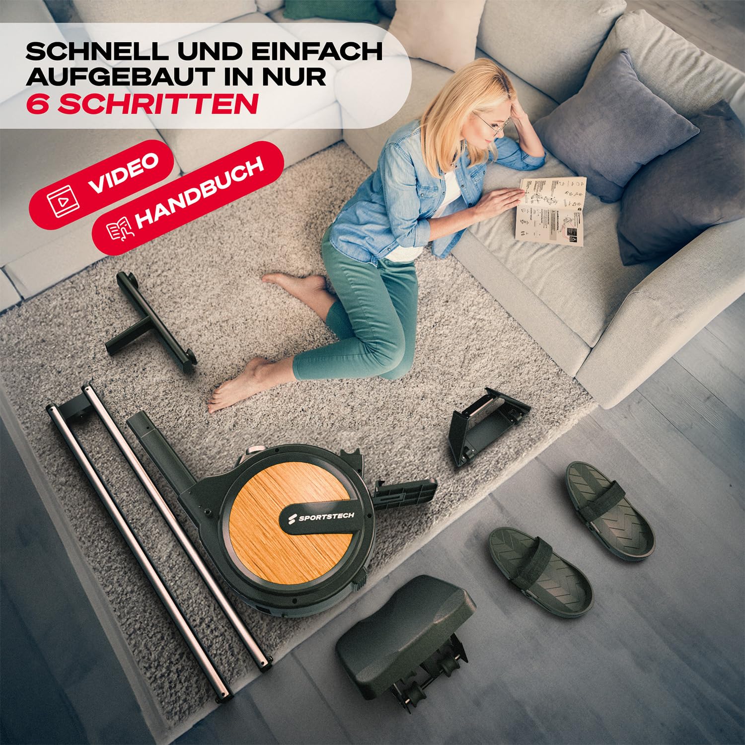 Sportstech PROwer Rudergerät Oak – Heimtrainer mit 32 Stufen, Bluetooth & LED-Display