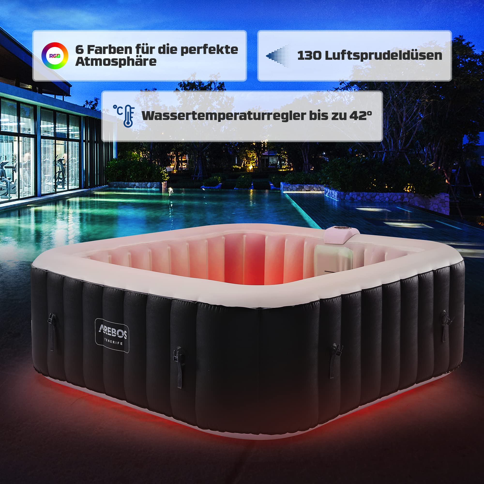 Arebos Spa Whirlpool mit 2400 W und LED-Beleuchtung