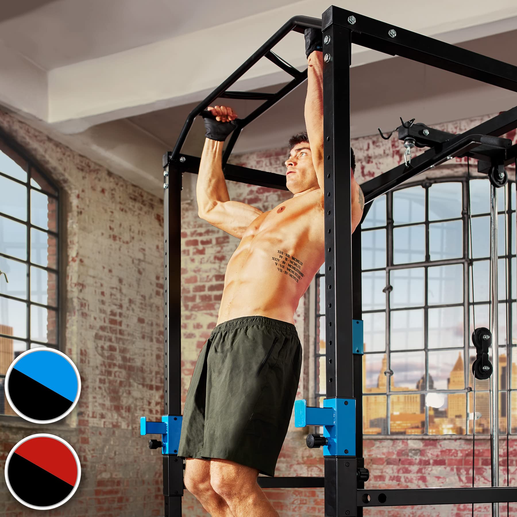 tectake Kraftstation – Power Rack mit Latzug & Klimmzugstange, Schwarz/Blau